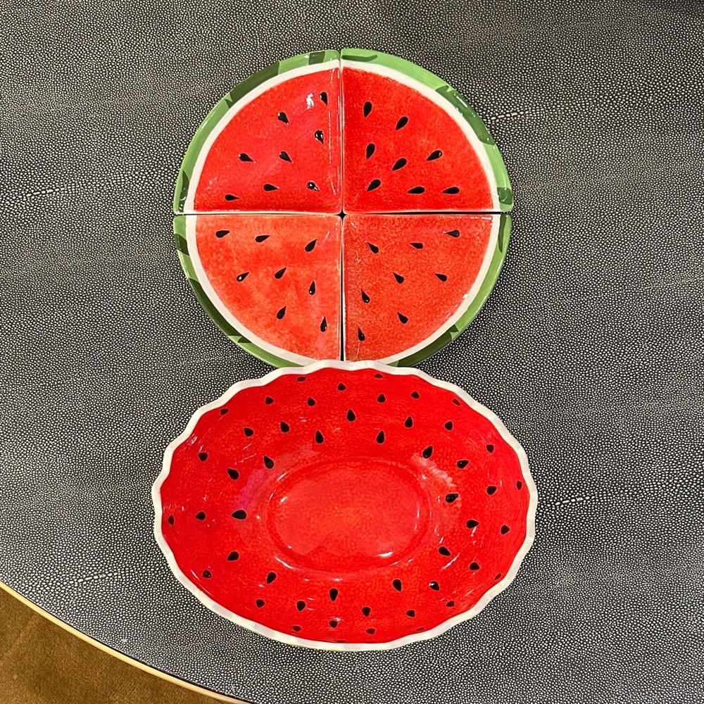 Pier 1 Imports Ceramic Watermelon Party Bowl and Plates Set - Picture 2 of 9